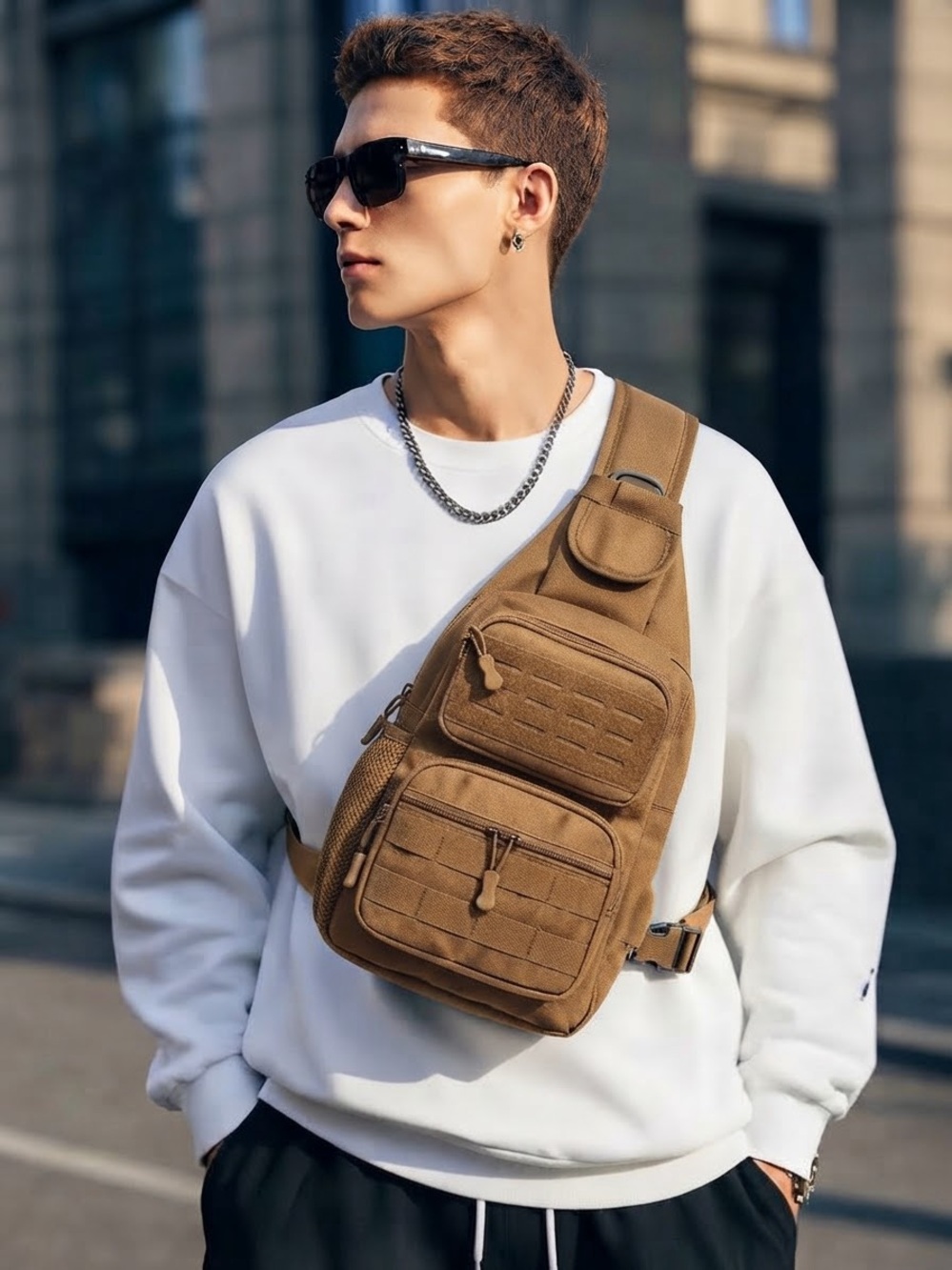 Men's Tactical Sling Bag in Tan with Multi-Pocket Design